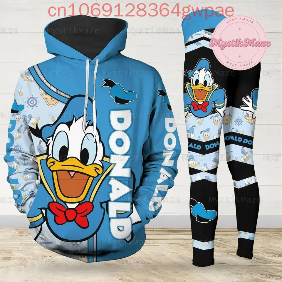 Рождественский комплект с капюшоном и леггинсами Disney Donald Duck, женская толстовка с капюшоном, штаны для йоги, комплект спортивных штанов, модные леггинсы, спортивный костюм