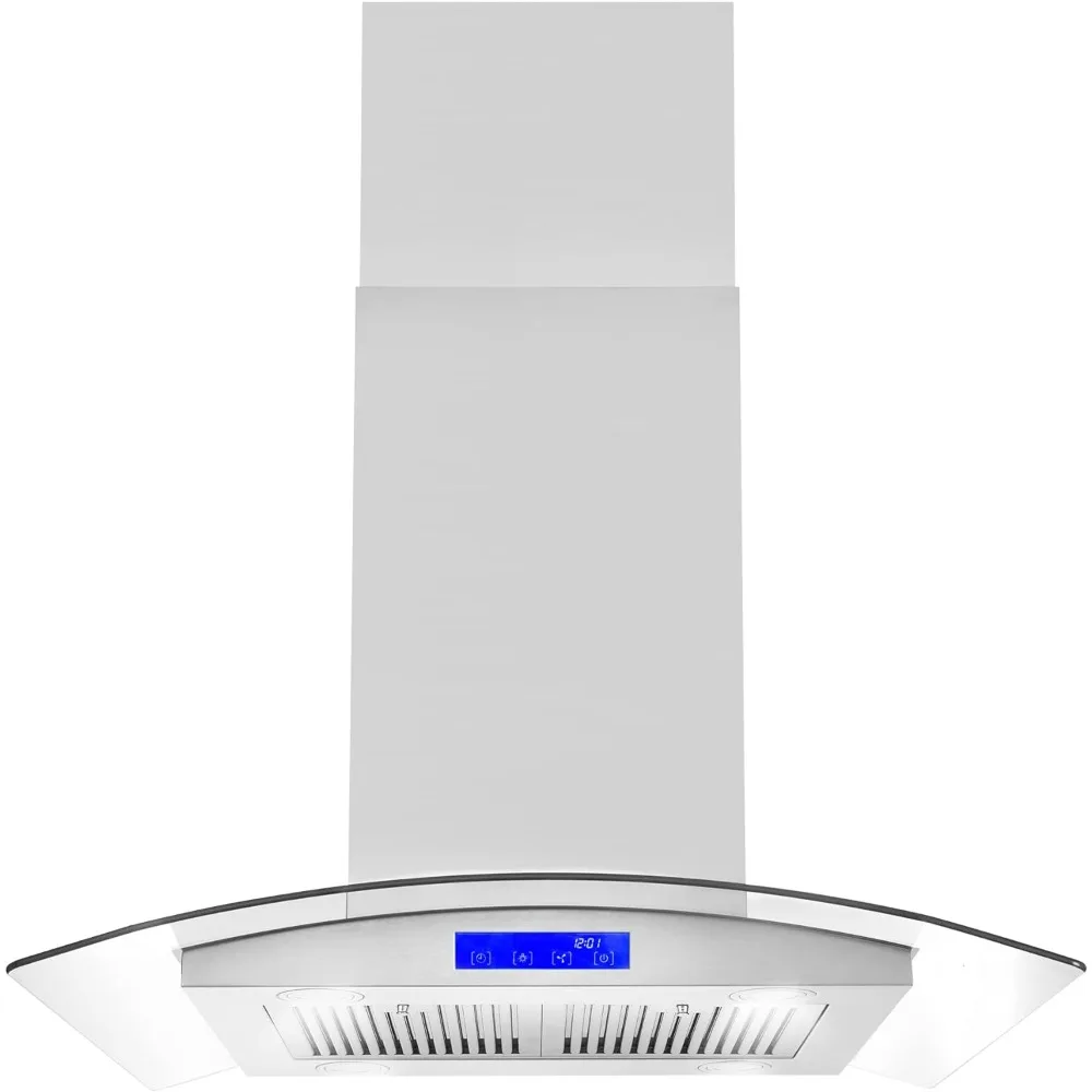 380 CFM 아일랜드 마운트 레인지 후드, 소프트 터치 컨트롤, 영구 필터, LED 조명, 강화 유리 바이저