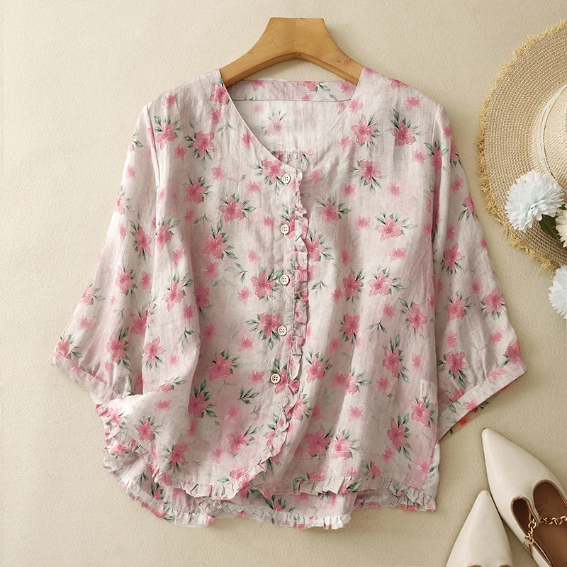 

Свободная женская рубашка из хлопка и льна, летняя новинка, с цветочным принтом, милым кружевом и отделкой в стиле кукольного топа, высококачественная, антивозрастная