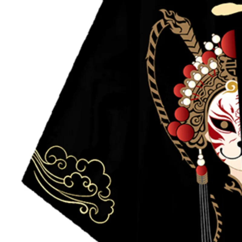 Heren Peking Opera Thema Kleur Blok Japanse Kimono Mantel Rood Zwart Wolken Masker Bedrukt Traditionele Yukata Haori Jas Kostuum