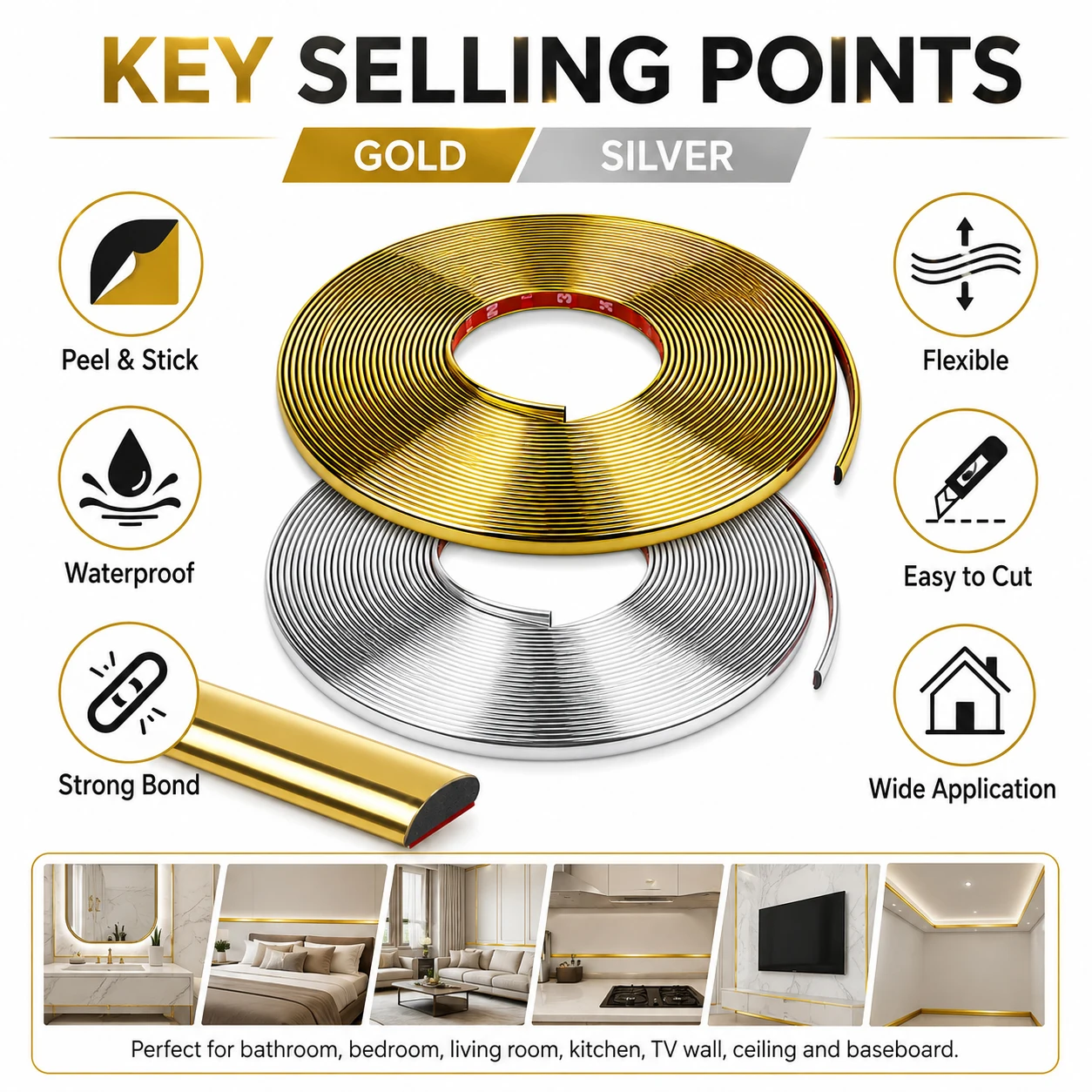 2/1 Roll 196.8 Inch Flexible PVC D-Shaped Baseboard Trim,Self-Adhesive Waterproof Molding for Door Window Frames,Edges & Borders