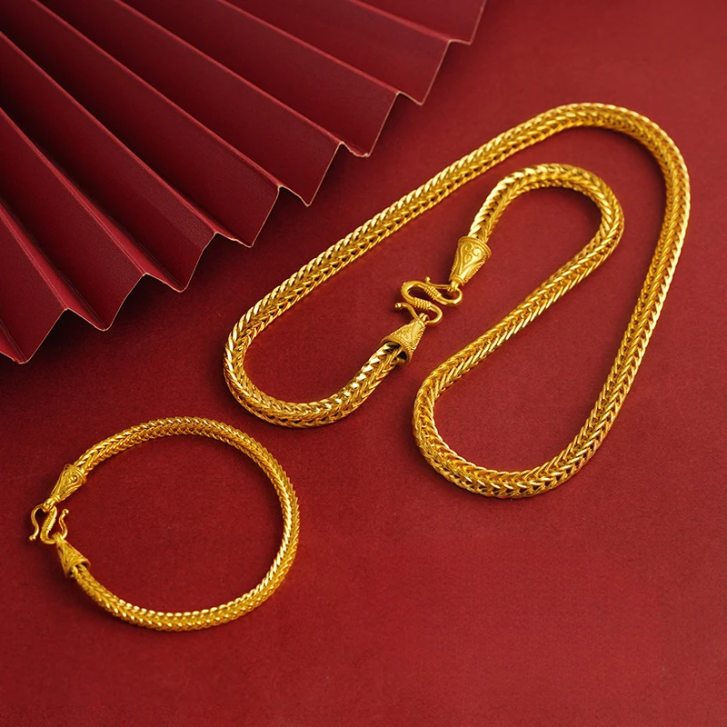 

Luxury 100% Real 24K Gold Fortune Chopin Chain Men'S, Necklace Bracelet Long Chain, Artisan Vintage Jewelry