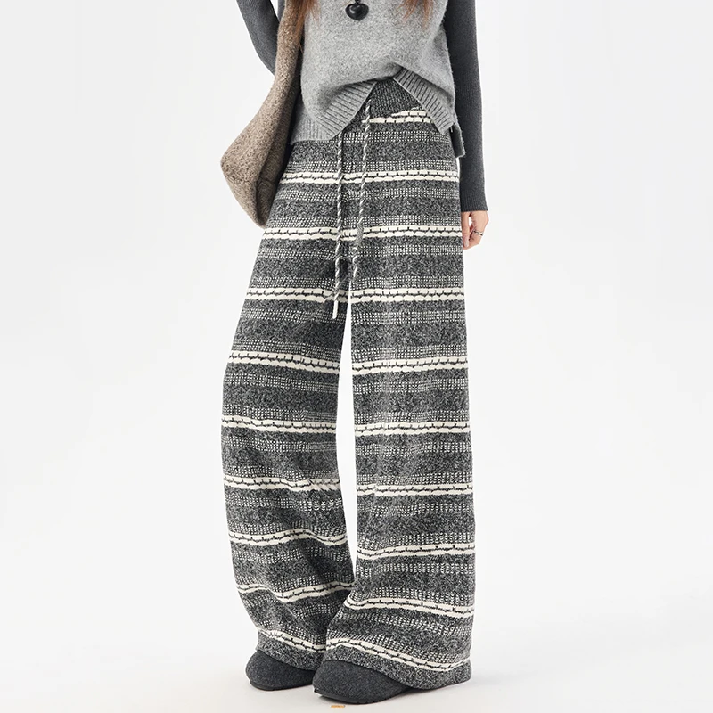 Pantaloni maglione ispessiti Pantaloni larghi casual a vita alta a gamba larga Autunno Inverno 2026 Nuovi pantaloni caldi lavorati a maglia