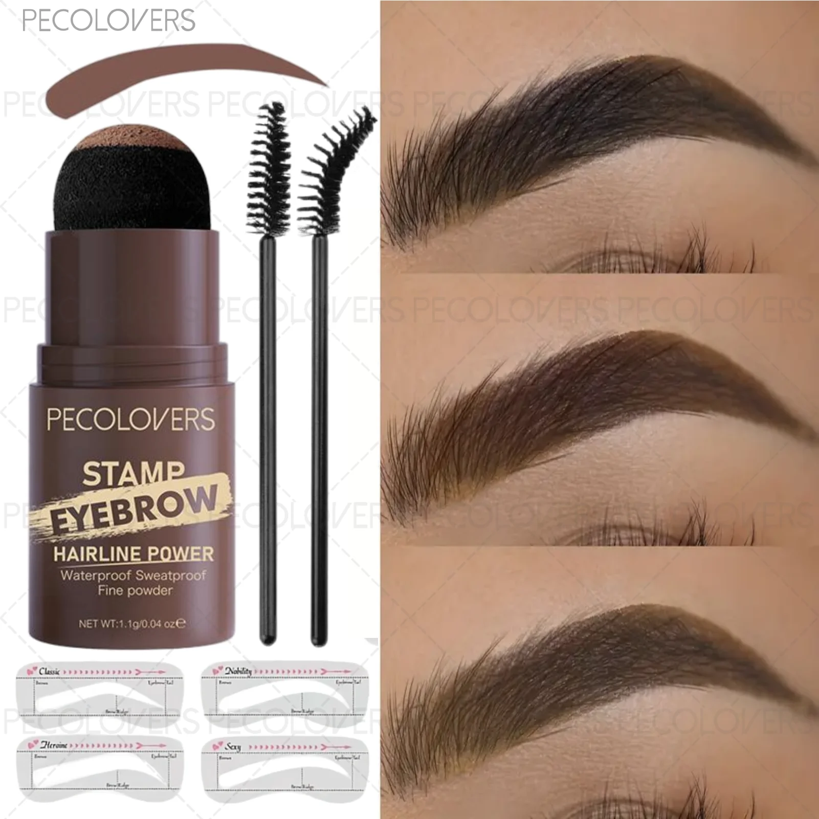 1 Set 3-in-1-Augenbrauenstempel mit Pinsel- und Augenbrauenformen-Schablone, langlebig, wasserfest, perfekter Augenbrauen-Look