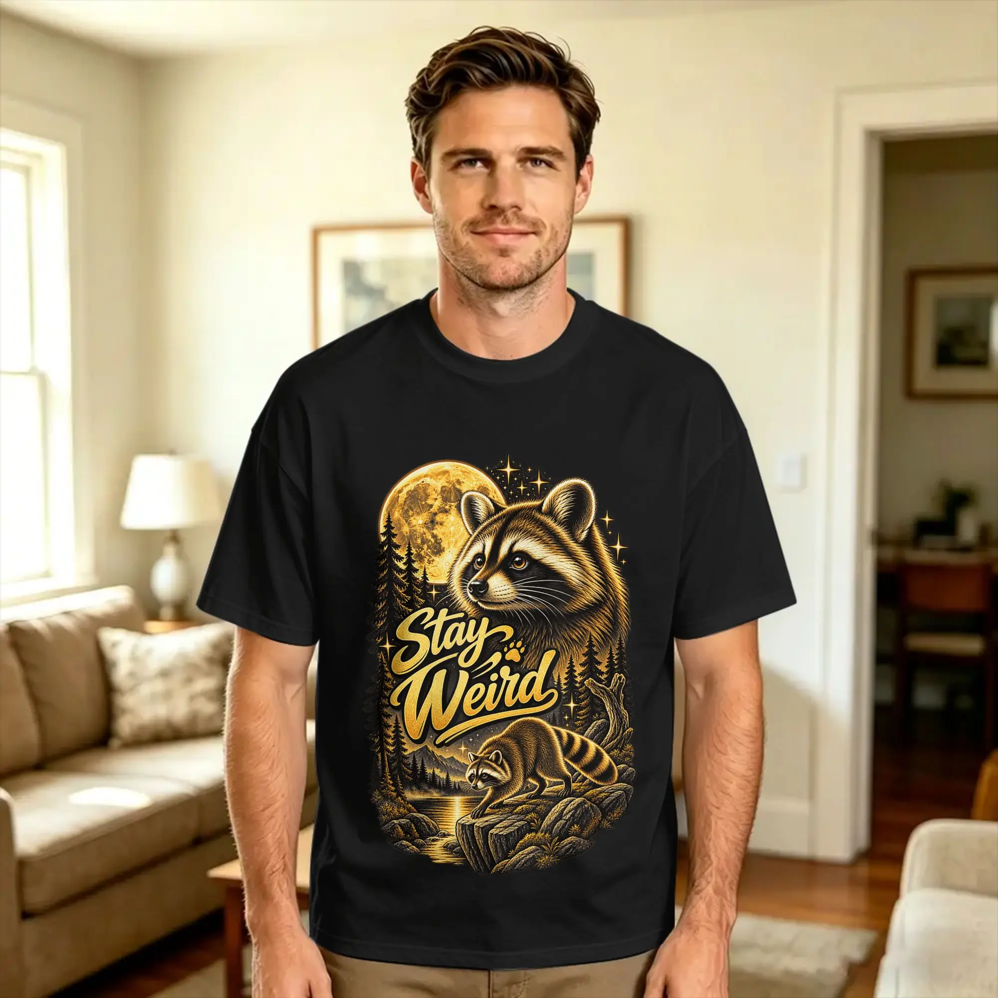 Stay Weird Funny Timothy Raccoon Moon Wildlife Animal Humor T-Shirt  Novelty T-Shirts Short Sleeve Vintage Tshirt Cotton Tees