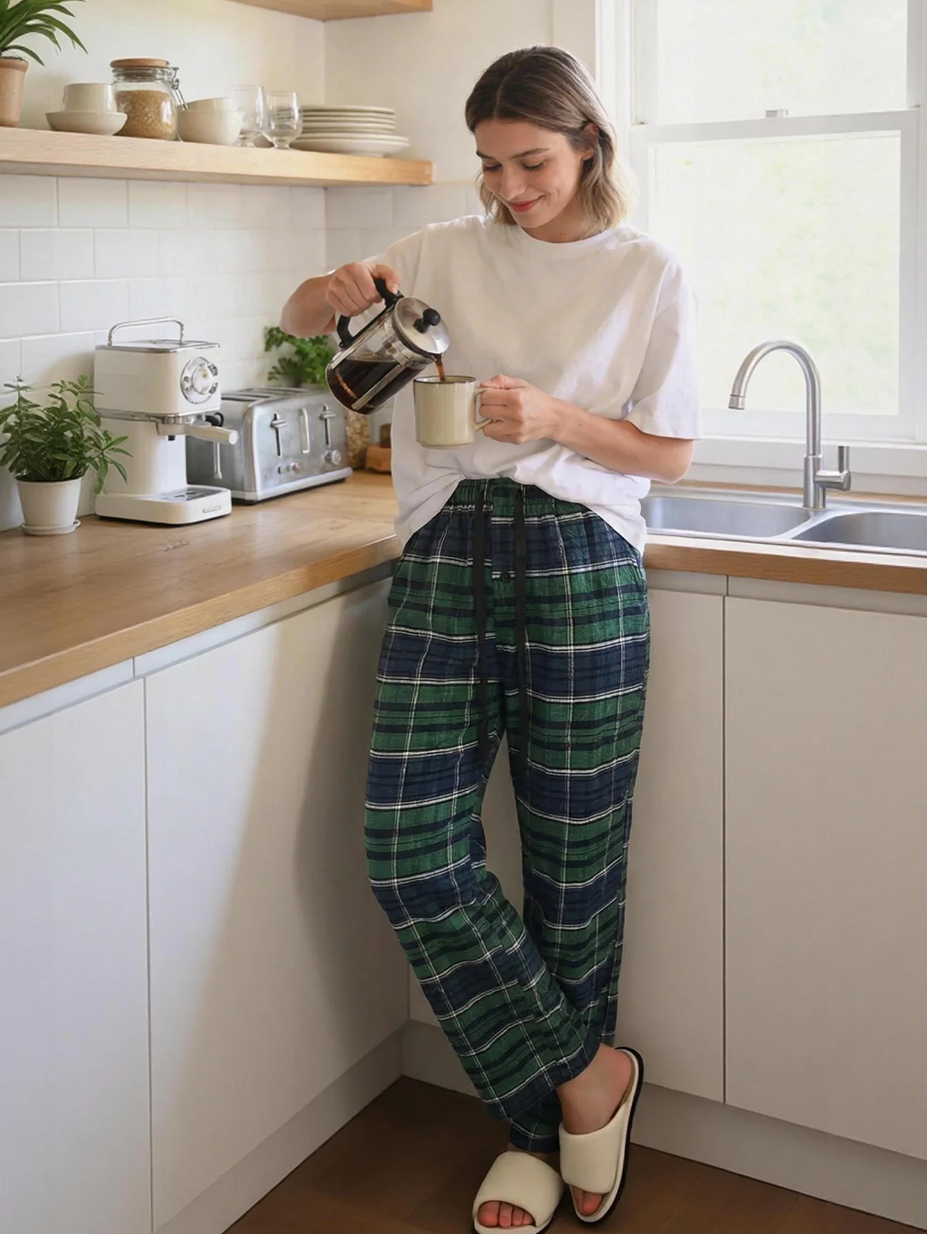 Ladies' Comfortable Casual Home, Going out, Breathable Checkered Patterned Pants, Elastic Waistband Straight Trousers