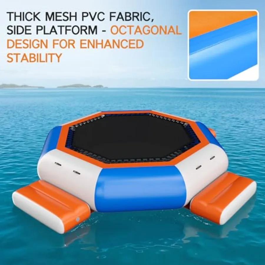 Inflatable Water Trampoline 15FT for lakes/pools durable PVC blue high-elastic net large jumping area 3 platforms includes elec