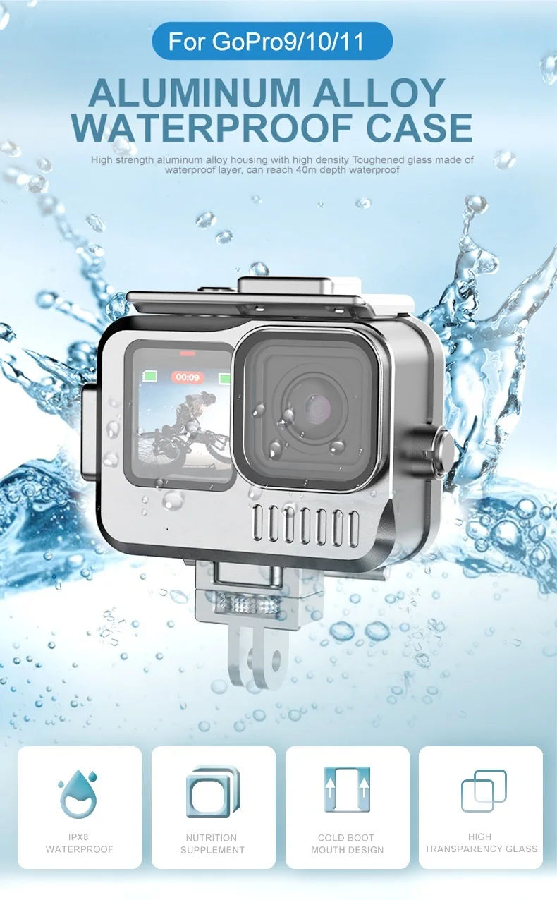 BAFANG Newly upgraded Gopro 12/11/10/9 Black aluminum alloy waterproof shell diving shell