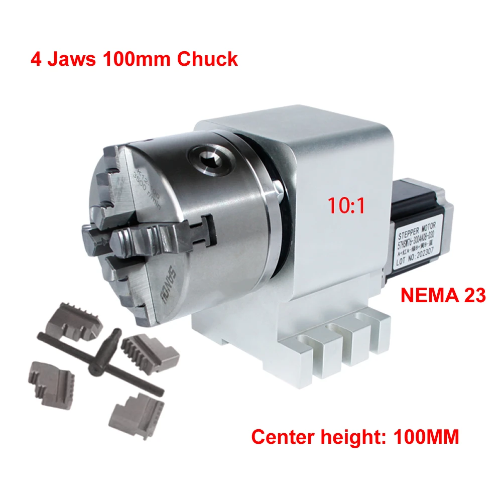 CNC A 4th Axis Rotary Axis Gearbox Reducer NEMA 23 Stepper Motor CNC Indexing Head 3/4 Jaws 100MM Chuck Engraving Machine Tool