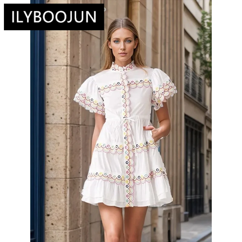 

ILYBOOJUN Casual Colorblock Embroidery Dress For Women Stand Collar Short Sleeve High Waist Loose Dresses Female