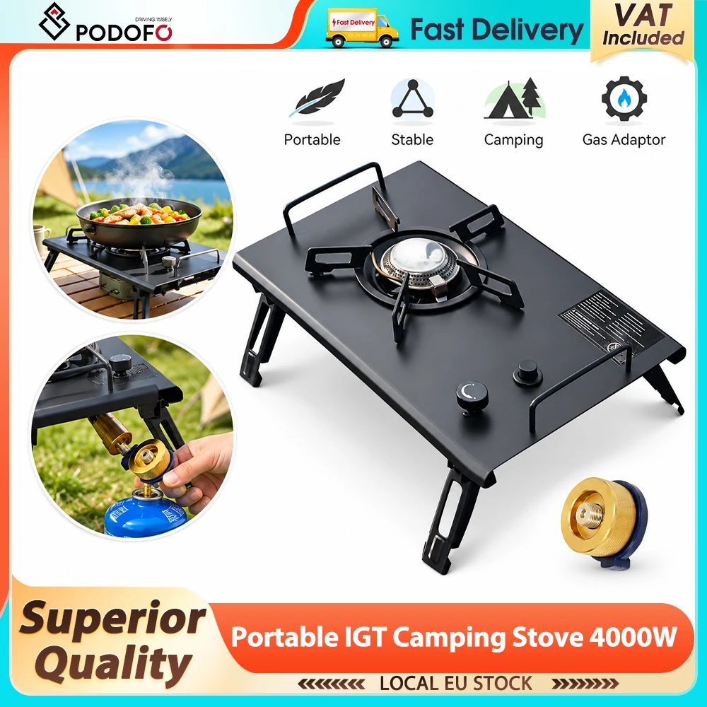 Podofo 4000W Tragbarer IGT-Gaskocher Campingkocher Dual-Fuel-Gasbrenner Starker Feuerheizer Edelstahl-Gaskocher für Wohnmobil, Picknick & BBQ
