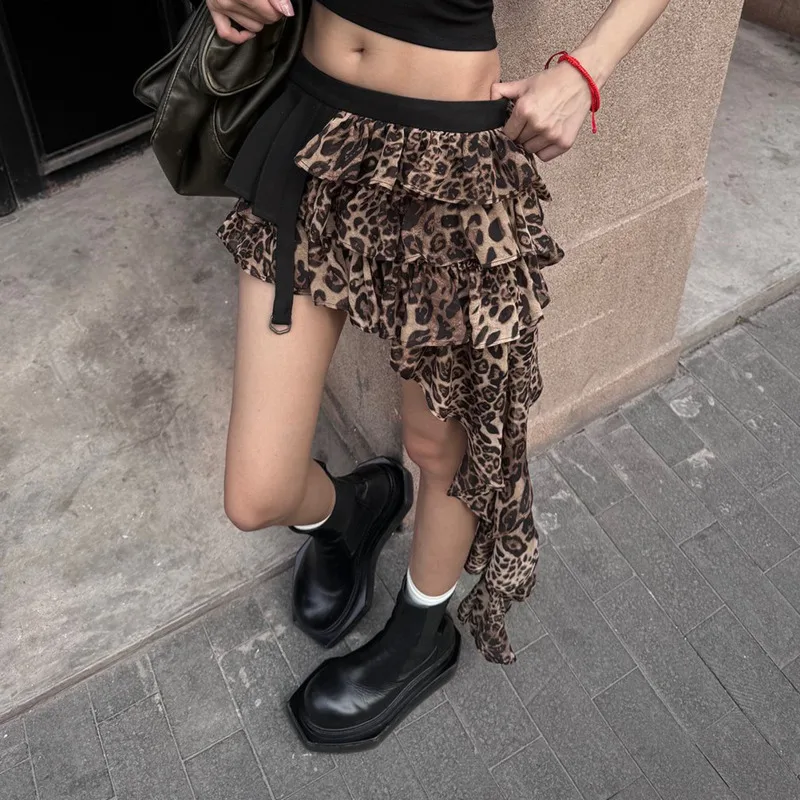 

Chic Leopard Print Mini Skirt Y2k Female Elegant A-Line Skirt Spicy Girl Short Casual Versatile Irregular Party Dresses Stylish