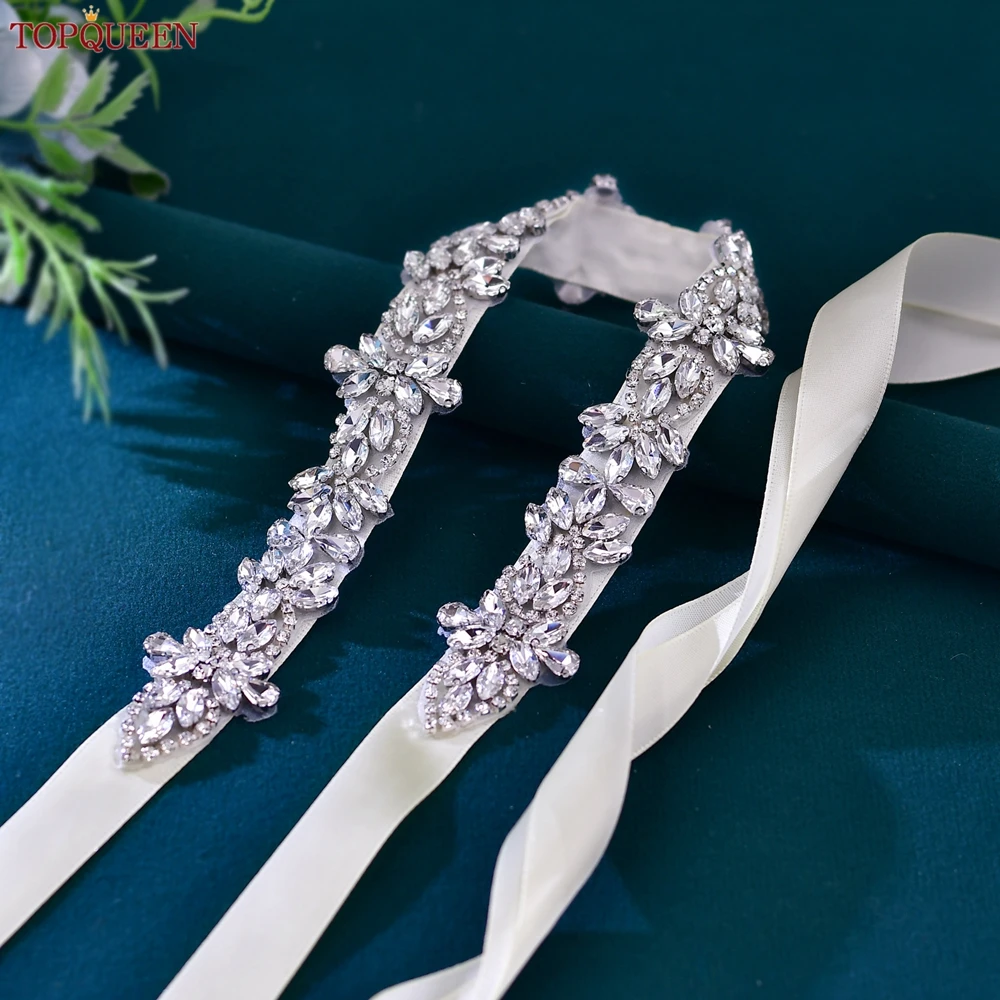 TOPQUEEN Wedding Bridal Rhinestone Sash Belts Prom Strap Female Belt for Dress Long Evening Dress Belt Silk Ribbon Belt  S429