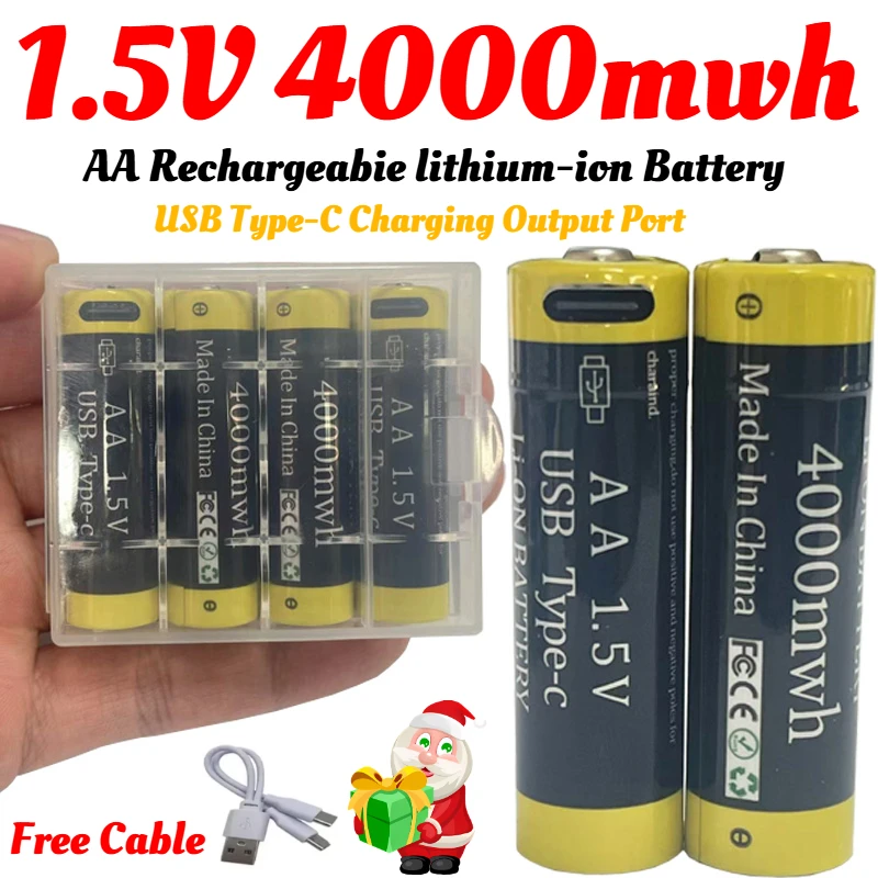 100% New AA 1.5V 4000mwh Rechargeable Li-ion Battery for Mouse Remote Control Small Fan Electric Toy Batteries USB Type-C Cable