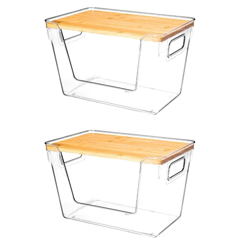 

ELEG-Bamboo Lids Pantry Organizers And Storage, Stackable Clear Bins For Onion, Potato, Trash Bag Dispenser 2Pc