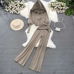 REALEFT Autumn Winter 2 Pieces Women's Sets Knitting Tracksuit Zipper Hooded Sweater and Wide Leg Pants Suits 2024 New