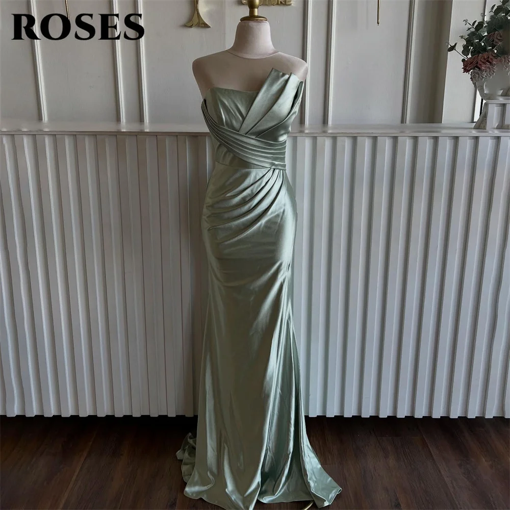 

ROSES Light Olive Green Evening Gown Strapless Satin Mermaid Wedding Evening Dresses Ruffled Elegant robes de soirée Customized