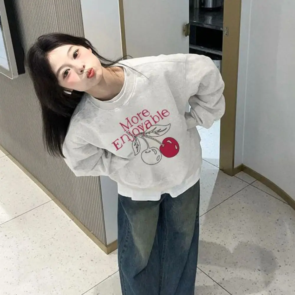 Bedrukte fleece top met lange mouwen losse zoete kers herfst hoodie top meisjeskleding Koreaanse ins sweatshirts voor dames streetwear