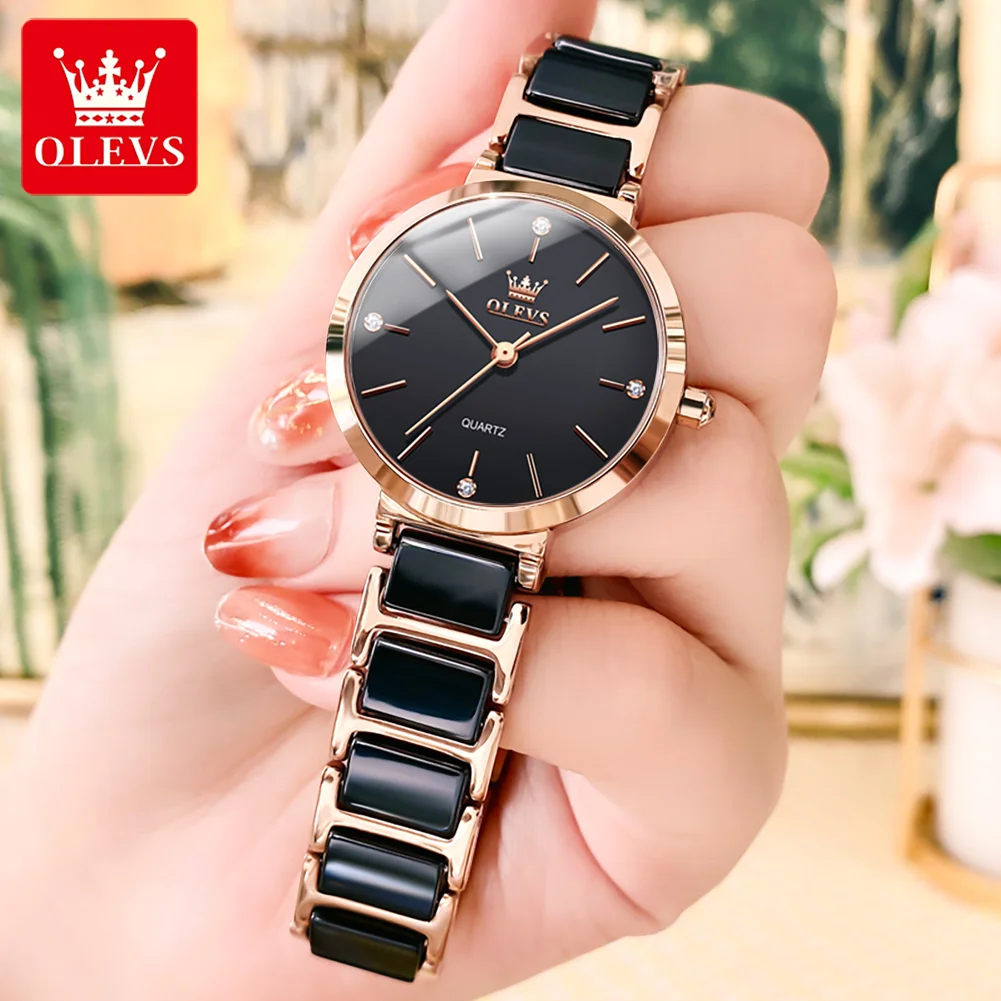 OLEVS 5877 Women\'s Watches Luxury Original Quartz Ladies Wristwatch Elegant Rose Gold Ceramics Strap Waterproof Watch for Women