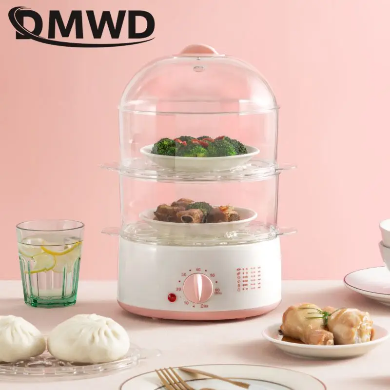 2L Mini Household Electric Food Steamer with Timer One key Operation Auto Shut-off Visualization Food Warmer 3 layers Egg Boiler