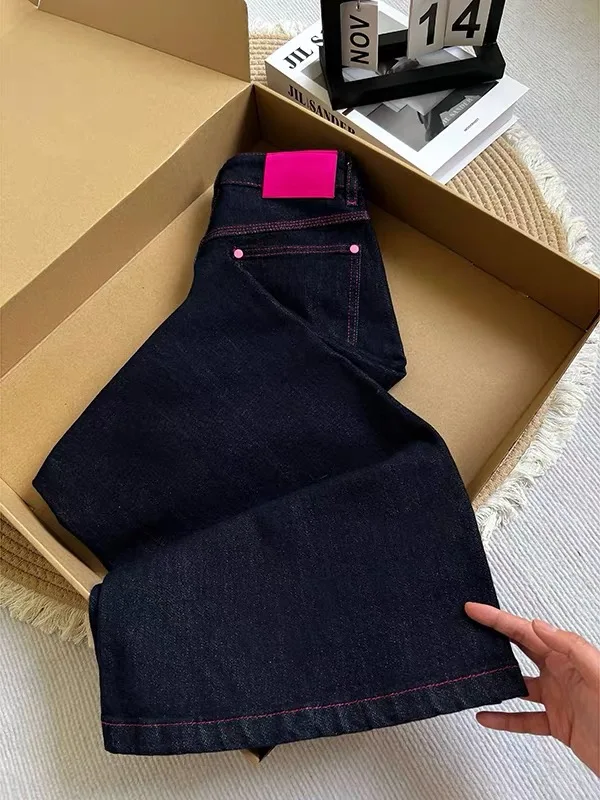 American Style Deep Blue Vintage Wide Leg Floor Length Pants Draping Sensation Jeans for Pear Shaped Body Autumn New Arrival