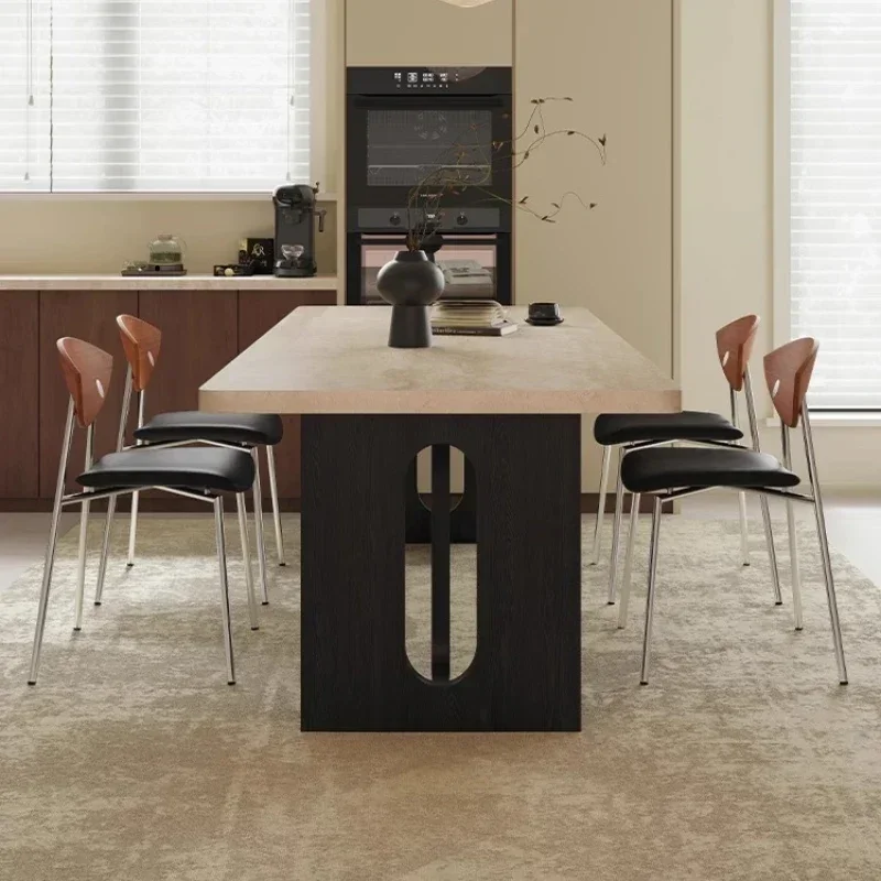 

Nordic solid wood travertine rock slab dining table and chair combination household rectangular hanging eating