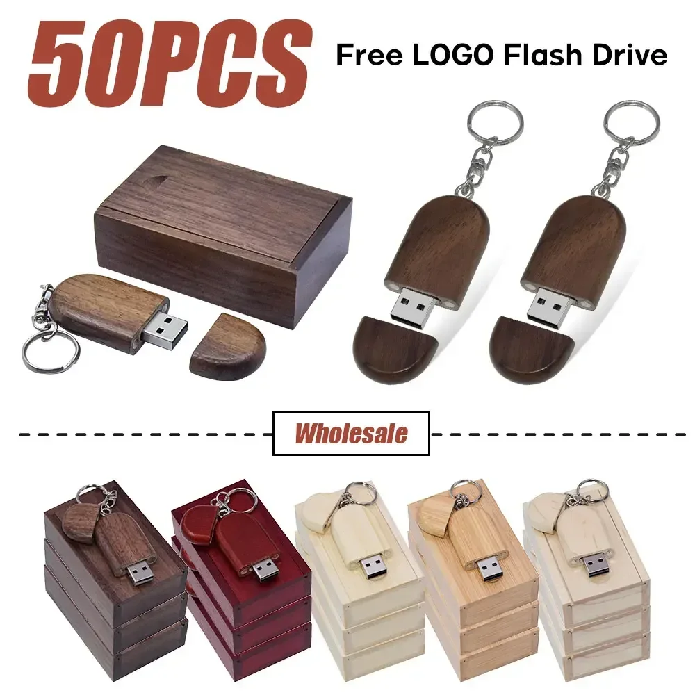 

50PCS/LOT Pen Drive with Keychain USB 2.0 Flash Drive Wooden High Speed Memory Stick 128GB 64GB for Photography Wedding Gift