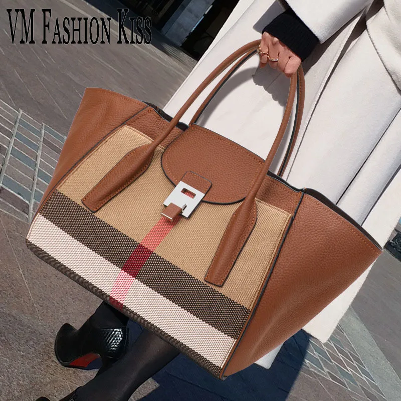 VM FASHION KISS 2024 Women's Striped Canvas+genuine Leather Trapeze Handbags Women Shoulder Designer Luxury Bag Ladies Hand Bags