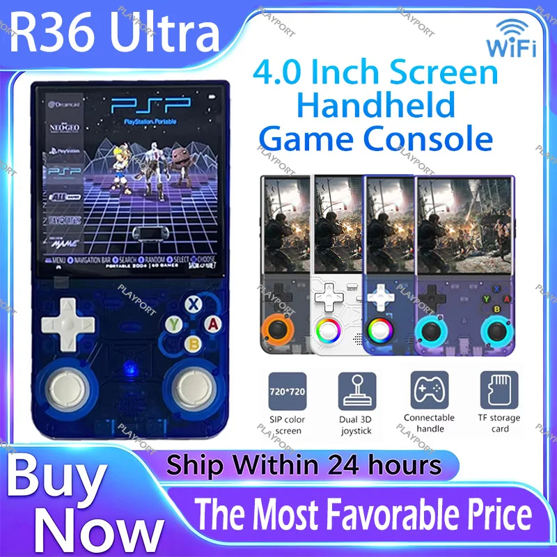 جهاز ألعاب محمول جديد R36 Ultra Retro بشاشة 4.0 بوصة، نظام لينكس مفتوح المصدر، محاكي ألعاب بسعة 64/128 جيجابايت، مع وحدة تحكم لاسلكية بتقنية Hall Effect.
