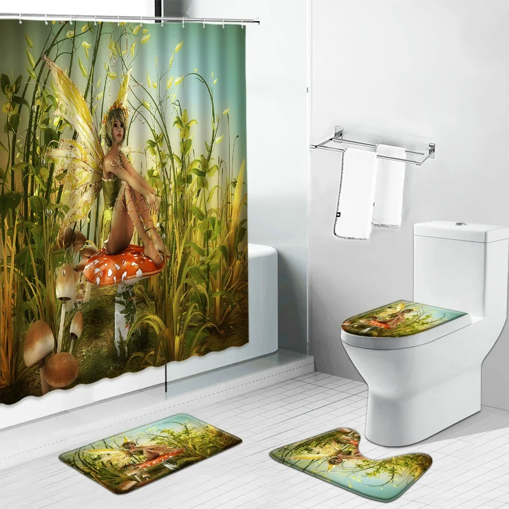 Angels in Heaven Shower Curtain Set Fantasy Enchanted Forest Elves Girl Mushroom Bathroom Curtains Toilet Lid Cover and Bath Mat