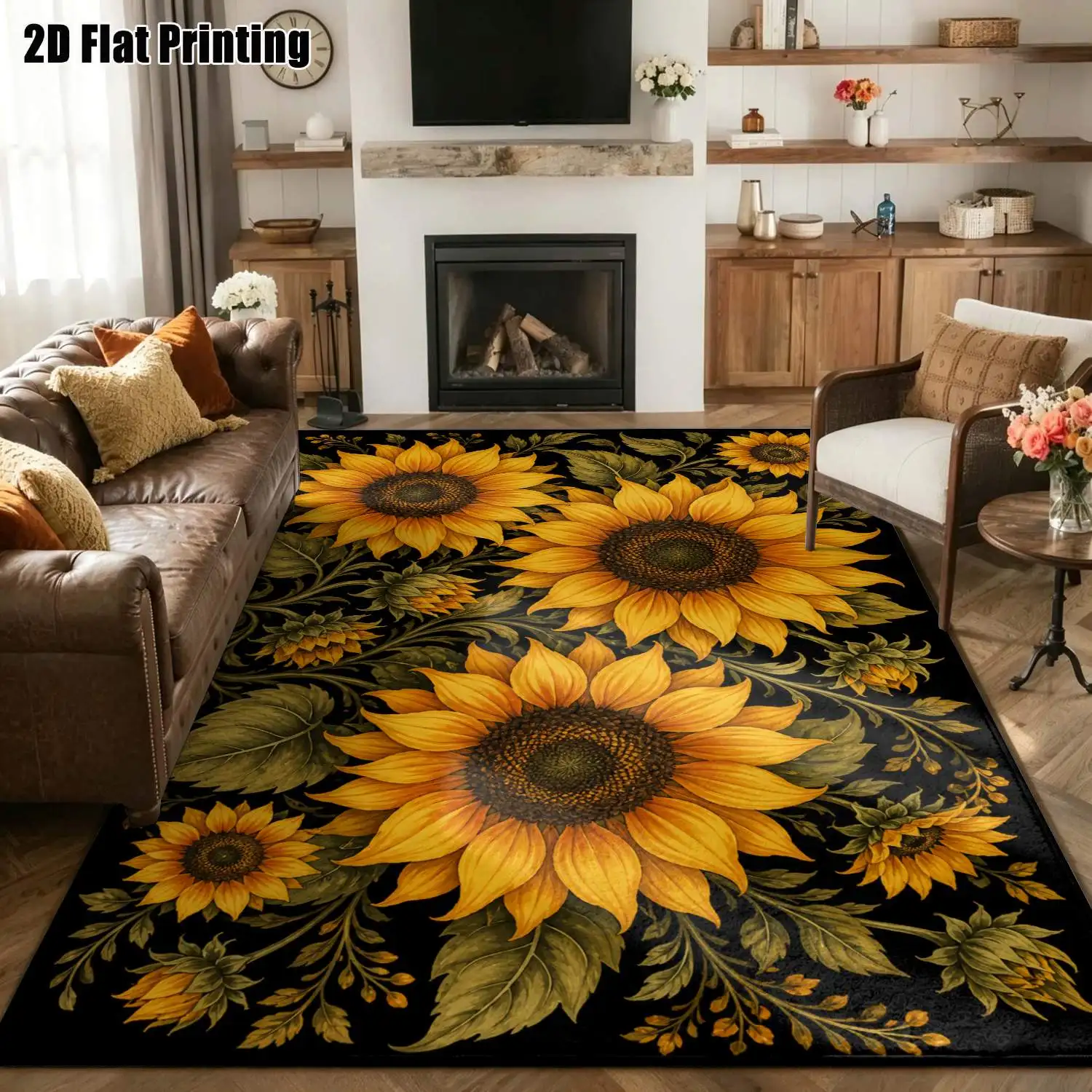 1Pc 2D Printed Sunflower Pattern Carpet Nordic/European/Vintage/Bohemian Style, Home Decor, Multi-Size, Machine Washable, Perfect for Entryway/Dining Room/Foyer/Bedroom/Living Room.