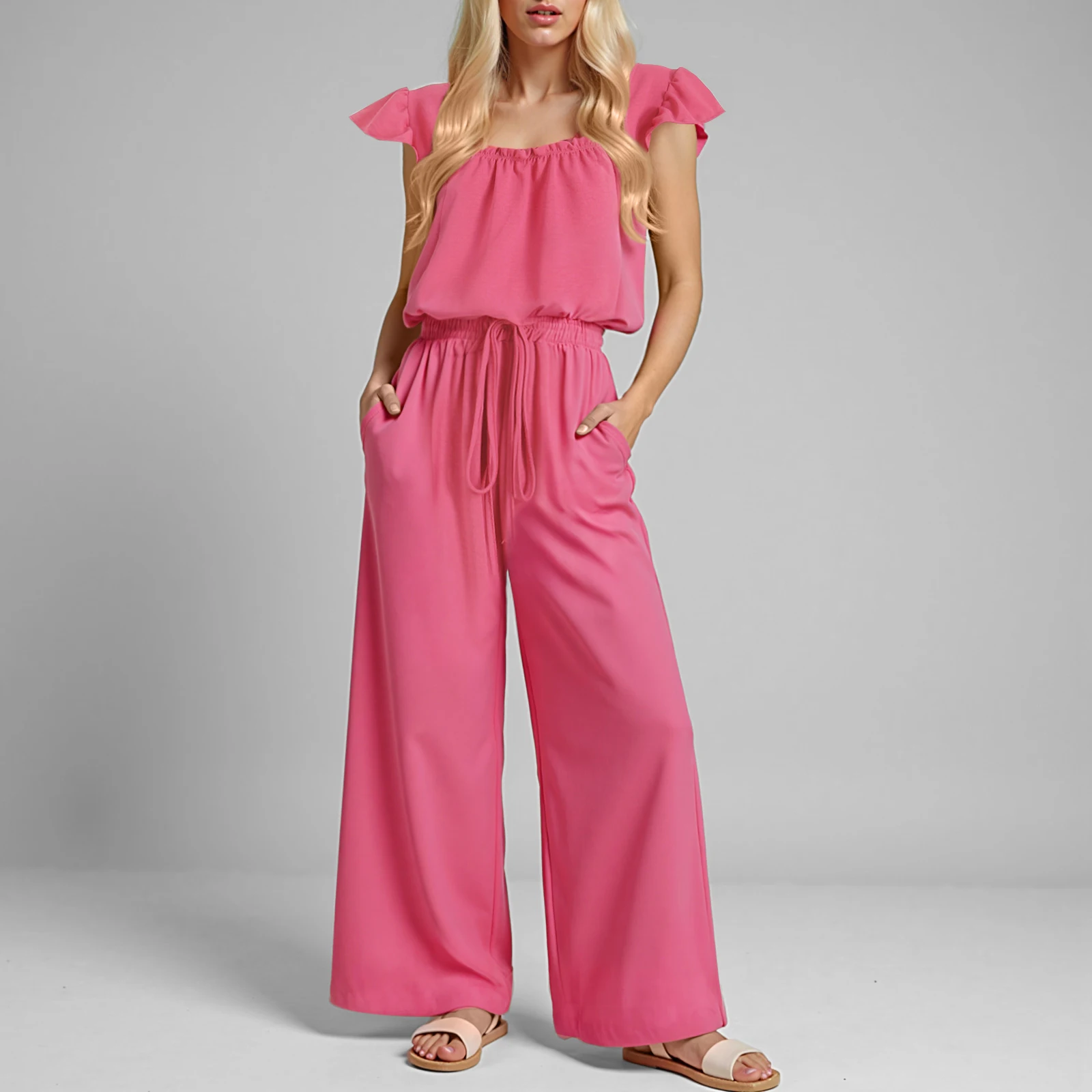 

Womens Dressy Casual Jumpsuits Elegant Ruffles Sleeve Summer Crew Neck Loose Drawstring Overalls Oversize Jumpsuits For Women