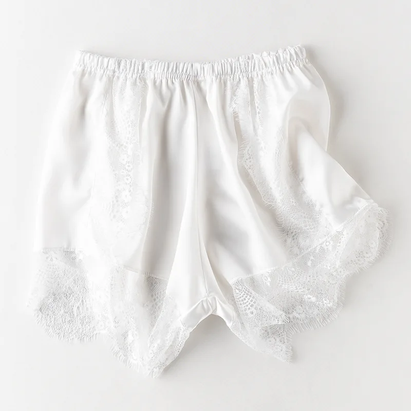 Minissaias Femininas de Cetim de Seda com Renda Floral Transparente, Bainha em Patchwork, Cintura Baixa Elástica, Estilo Moderno e Sedoso