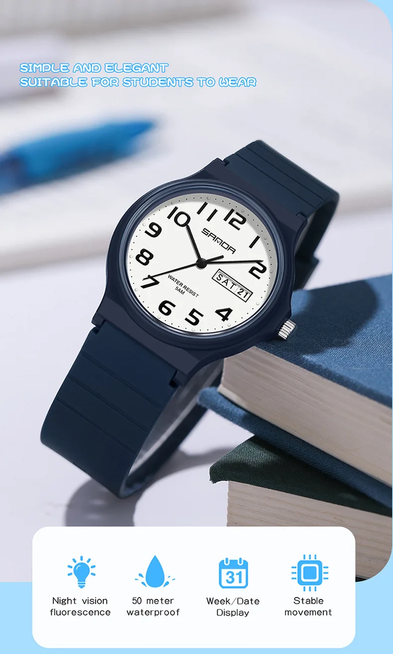 SANDA 9072 Personalized Casual Simple Waterproof Night Light Date Silicone Strap Youth Quartz Watch Men's and Women's Gifts