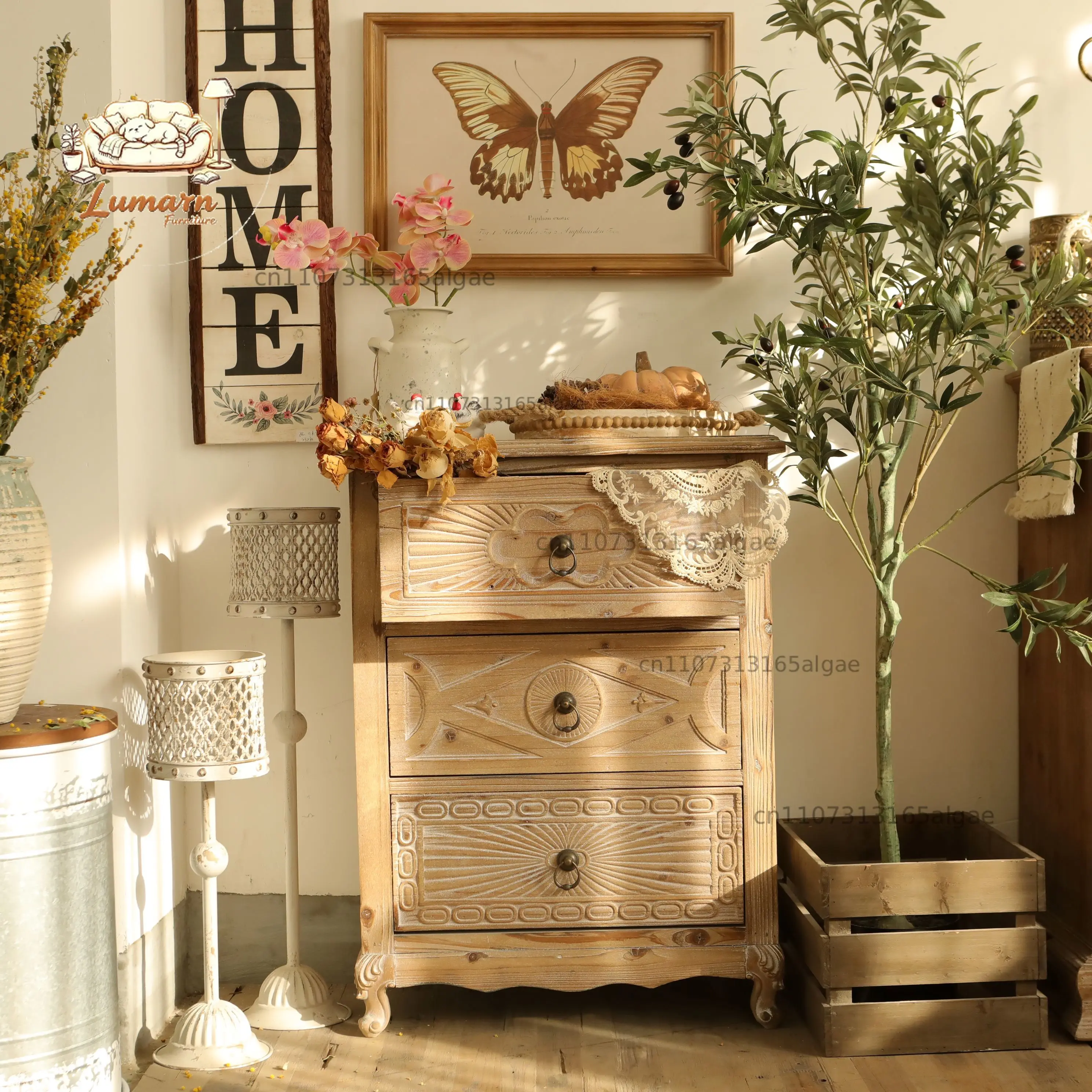 Fir wood low side cabinet, side cabinet with carved natural wood color three-drawer cabinet, 61*35*82cm