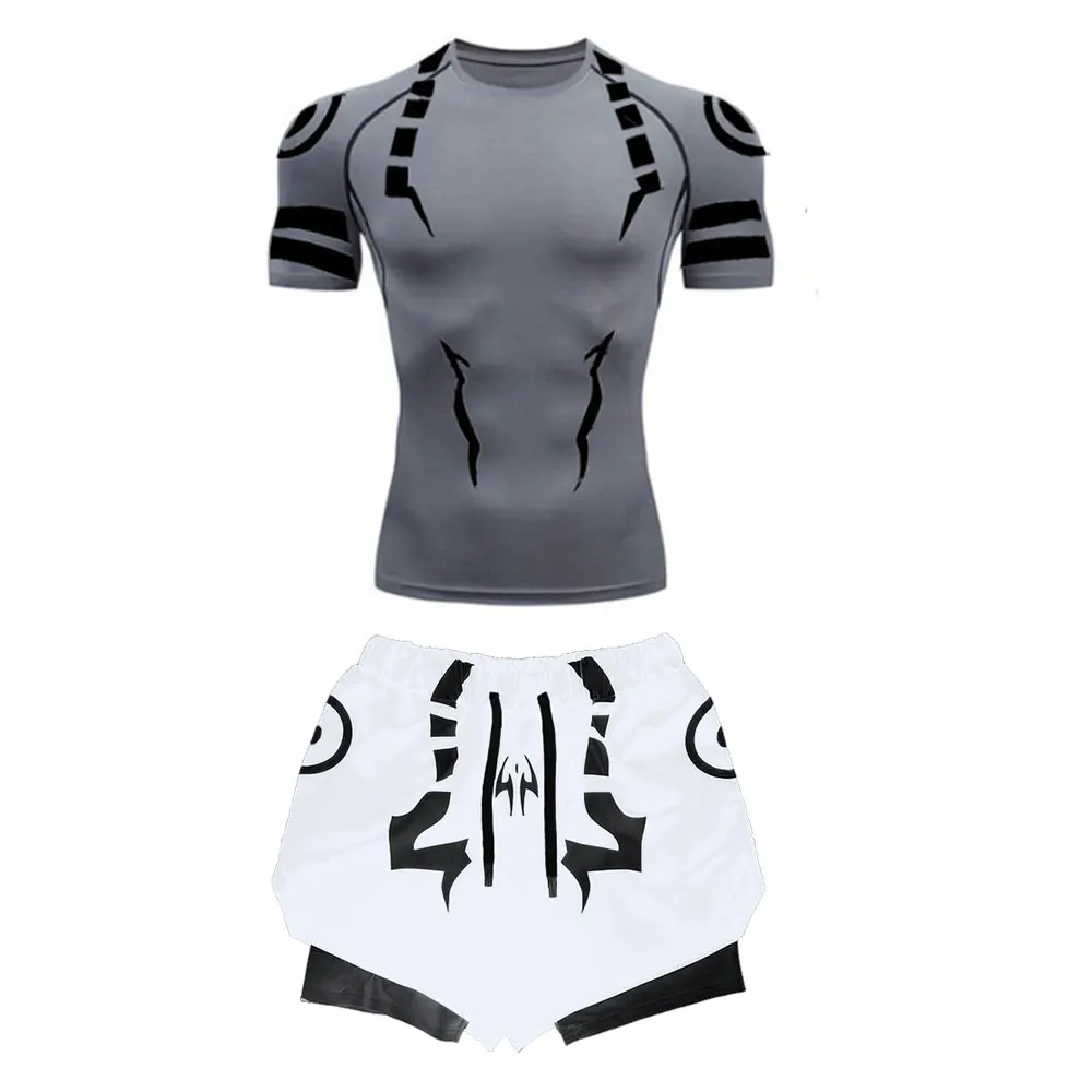 Men's Workout Compression Set Jujutsu Kaisen Printed Gym Top+Workout Shorts Breathable Holes Quick Dry Sports Rash Guard Set