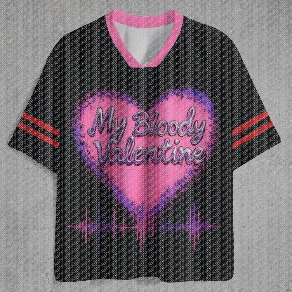 V-neck Sports Shirt Full Print Retro Pink Bleeding Heart Pulse Line Retro Letter Pattern Short Sleeved Street Football T-shirt