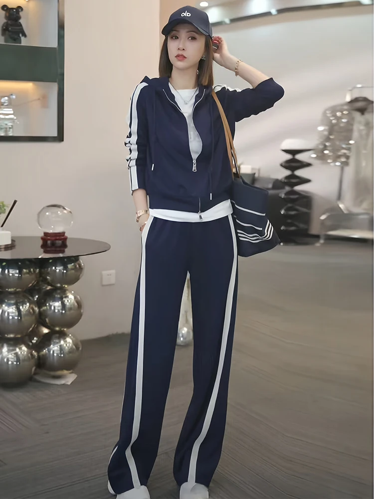 

Модный комплект из двух предметов: худи на молнии и брюки с широкими штанинами для женщин, осенняя новинка, повседневный, дышащий, из хлопка