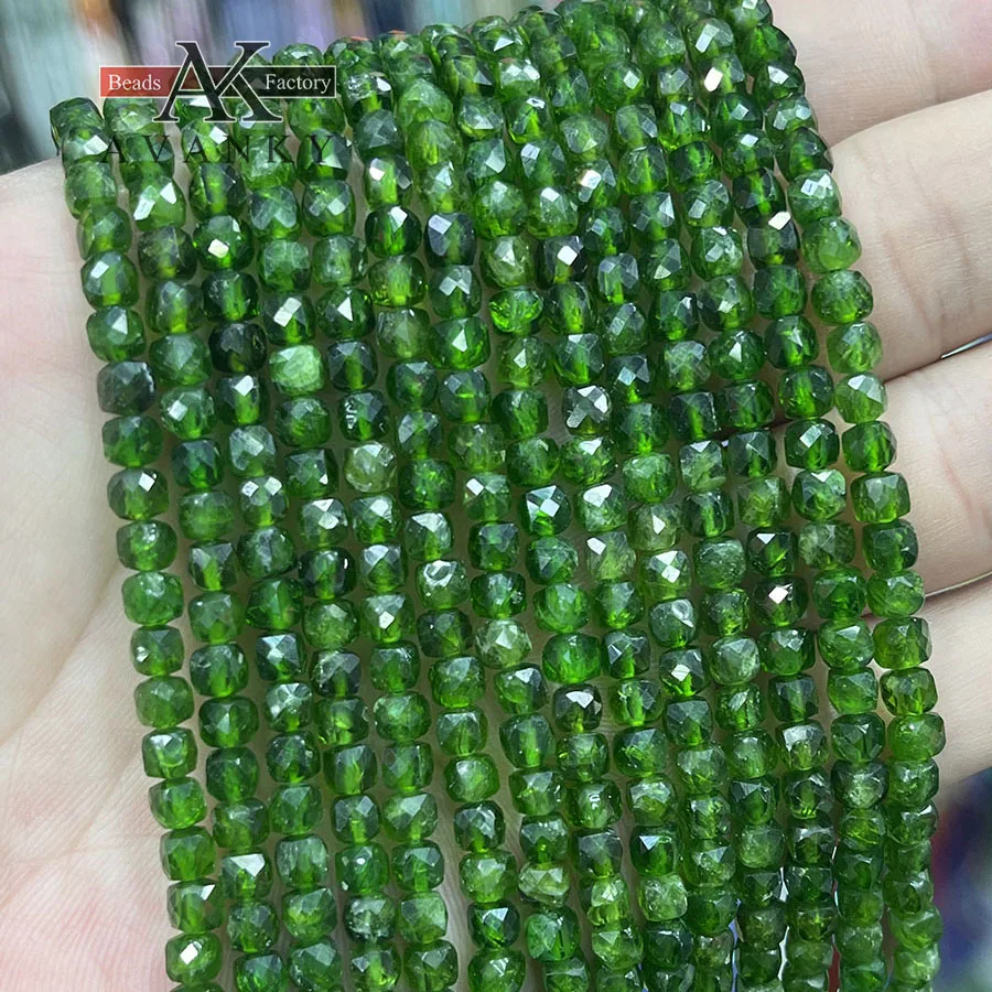 Natural Green Diopside Crystal 4MM Handmade Faceted Cube Stone Loose Beads For DIY Jewelry Making Bracelet Necklace 15“