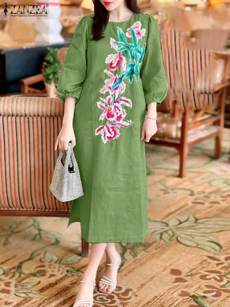Elegant Women Dresses 2025 ZANZEA Summer Sundress Fashion O Neck 3/4 Sleeve Work Vestidos Bohemain Printed Holiday Midi Dresses
