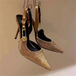 2025 New Spring/Summer Pointed Rhinestone High Heels, Women's Black Slim Heels, French Versatile, Sexy Hollow Headed Sandals
