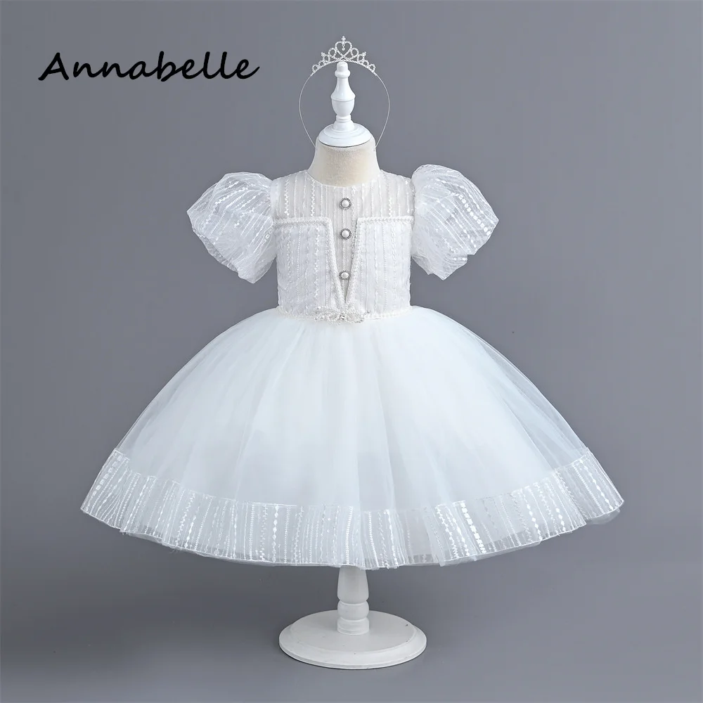 Annabelle Flower Girl Dress Puffy Lace Flower Baby Wedding Cute Bow Dress Priness Girl Bow Birthday Party White Dress 2024 New