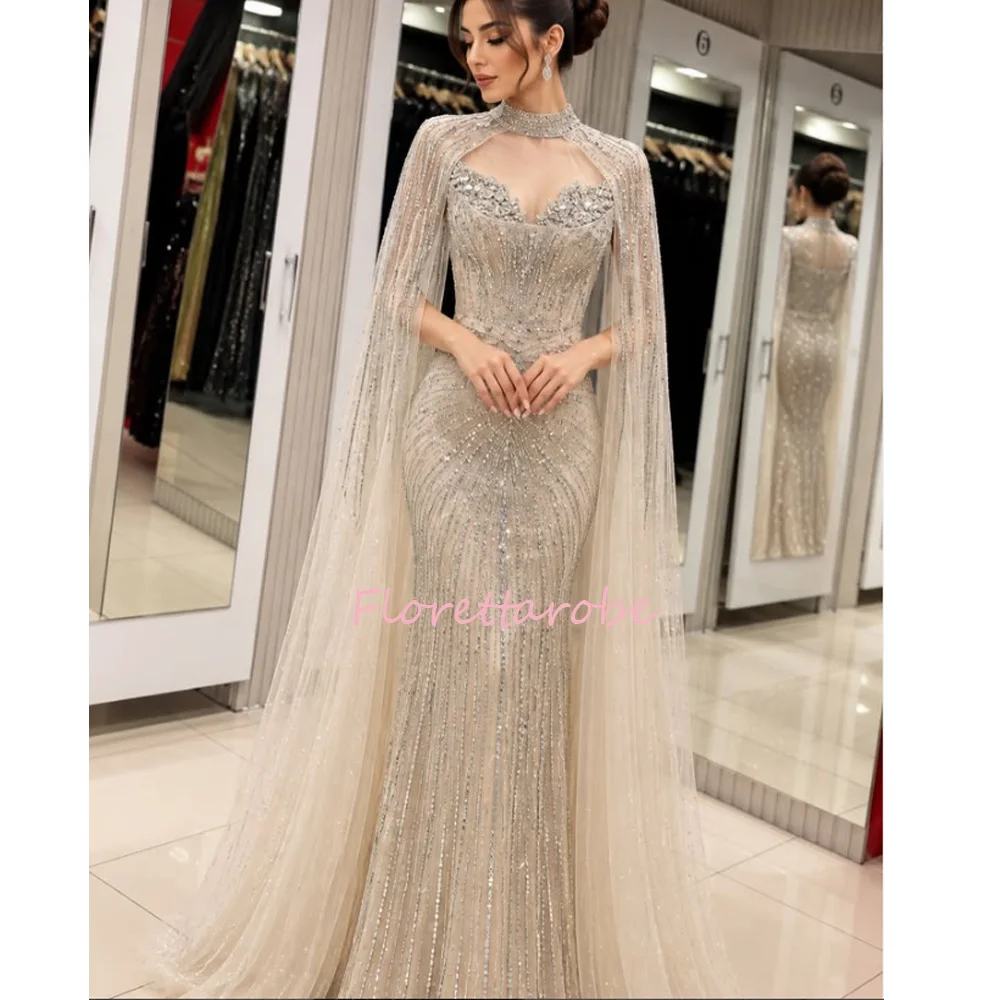 Luxury Dubai  Beaded Evening Dress With Cape Women Formal Wedding Party Gala Gown Prom Dresses Customized