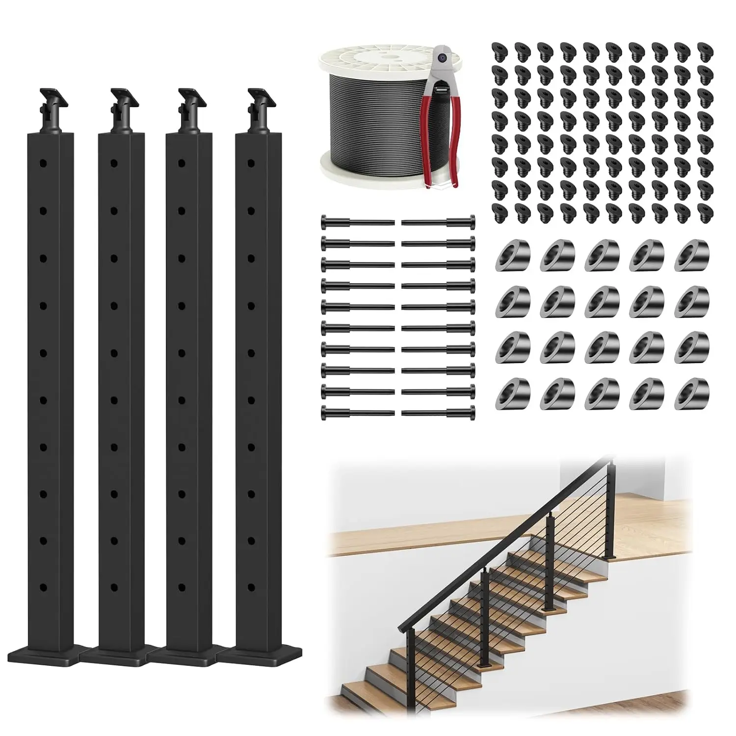 Complete Set 36" Stair Railing Post Kit(Post 35"x2"x2"), Black 25-35° Angle Drilled Line Post, Invisible Cable Railing