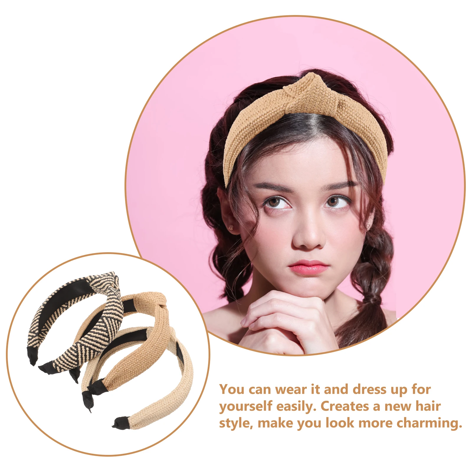 

3pcs Headband for Women Girls Straw Woven Knot Knitted Wide Lightweight Durable Beach Party Hair Accessories