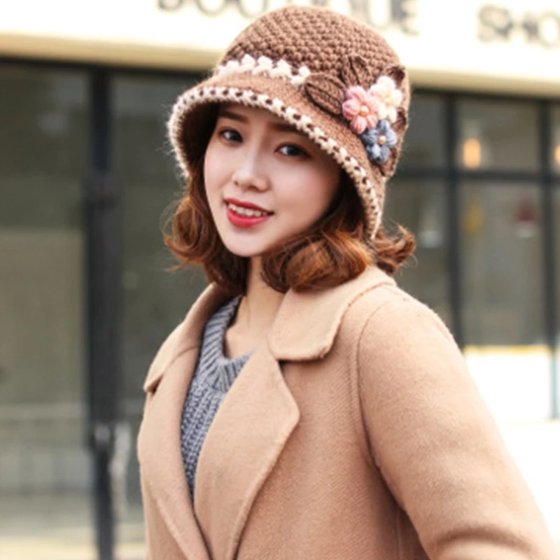 Windproof Woman Crochet Flower Hat Autumn Outdoor Fisherman Hat Teens Bucket Hat