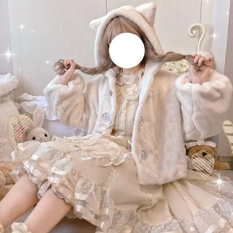 NONSAR inverno Girly addensato peluche JK Lolita cappotto corto donna giapponese carino orecchio di coniglio Anime parka con cappuccio capispalla