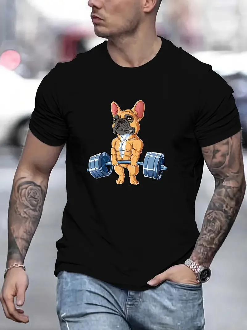 Anime Style Bulldog Weightlifting Print T Shirt, Tees For Men, Casual Short Sleeve T-shirt For Summer Men\'s Home Cloth