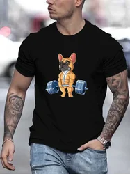 Anime Style Bulldog Weightlifting Print T Shirt, Tees For Men, Casual Short Sleeve T-shirt For Summer Men's Home Cloth