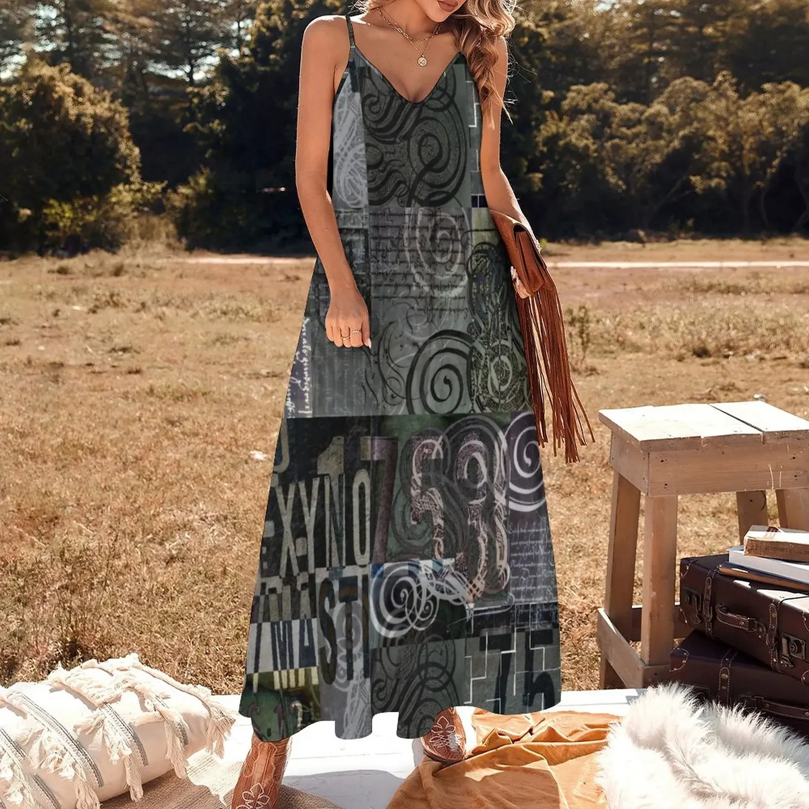 Vintage letters collage Sleeveless Dress sexy dress for women women evening dress Long dresses